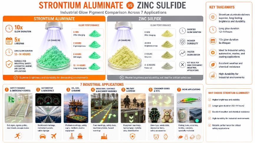 Industrial glow pigment applications and photoluminescent safety signage