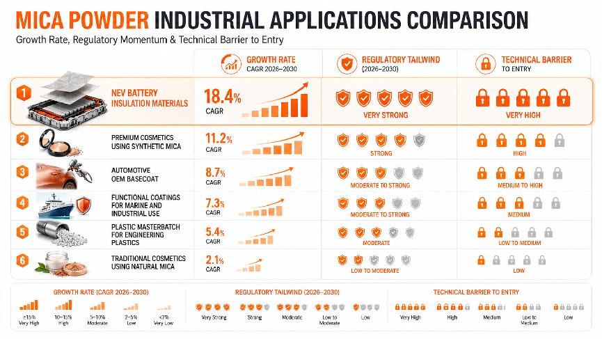 Mica powder application matrix by growth regulation and technical barriers