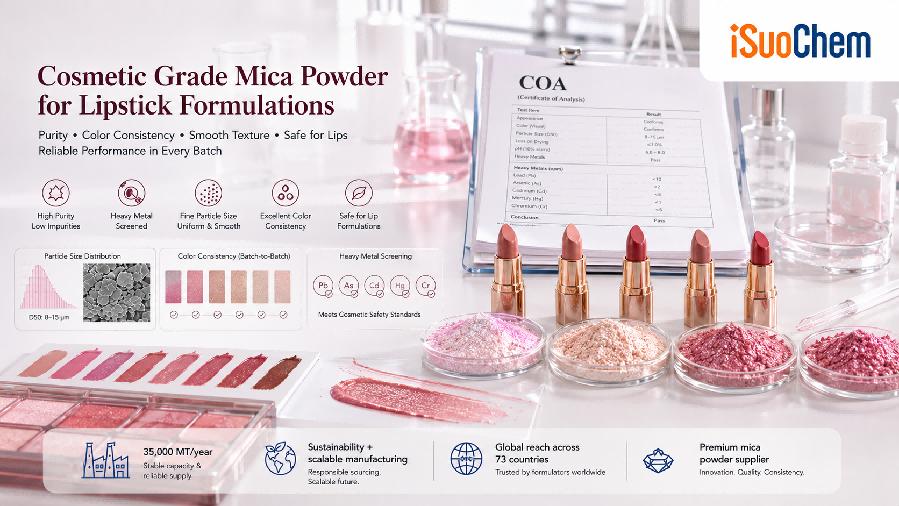 Cosmetic grade mica powder for lipstick formulations