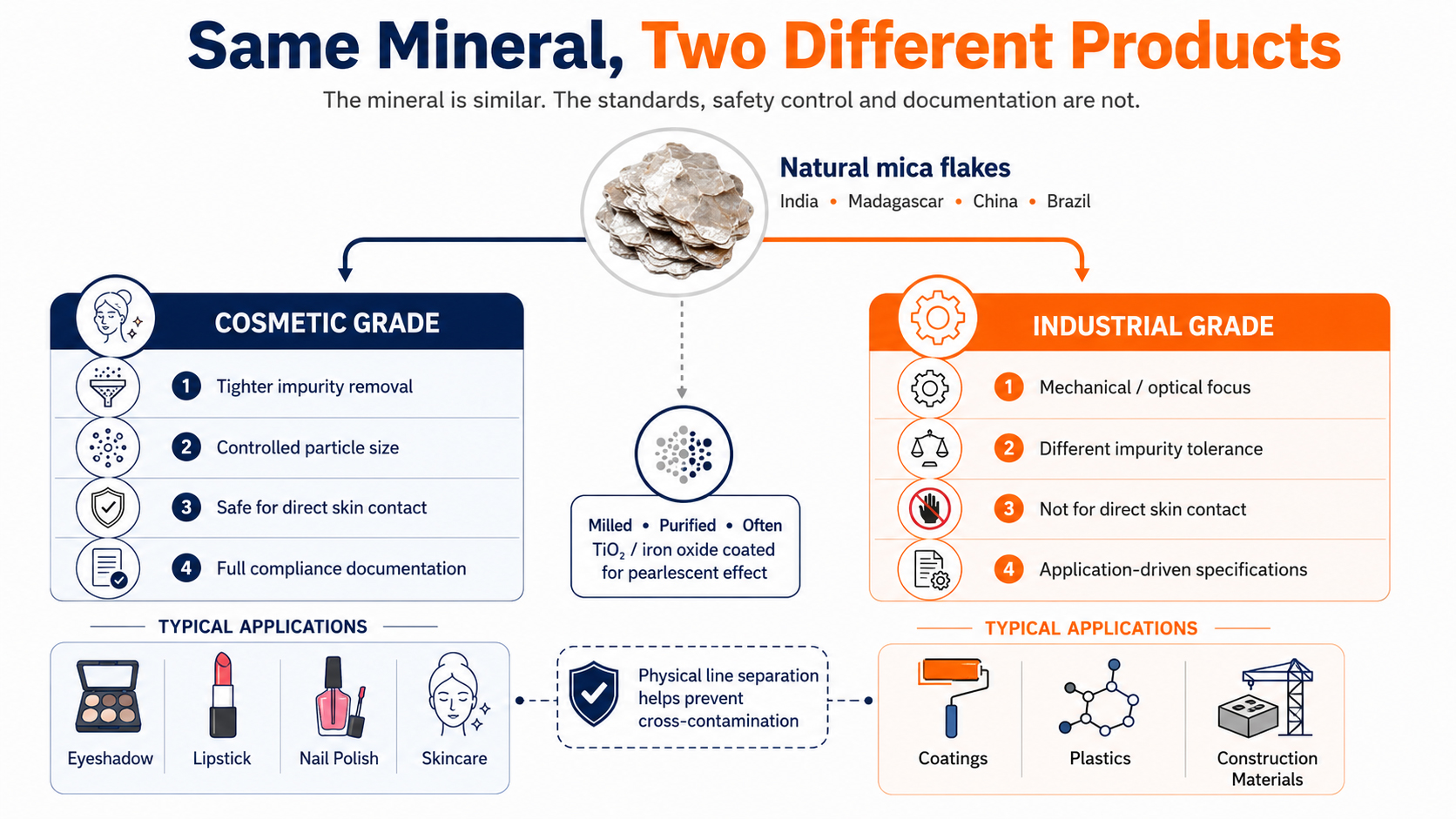 Cosmetic grade and industrial grade mica powder separated on two production lines