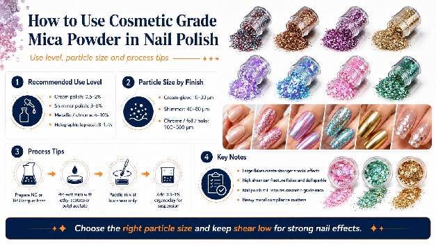 Cosmetic grade mica powder swatches across lipstick, eyeshadow, nail polish and skincare formats