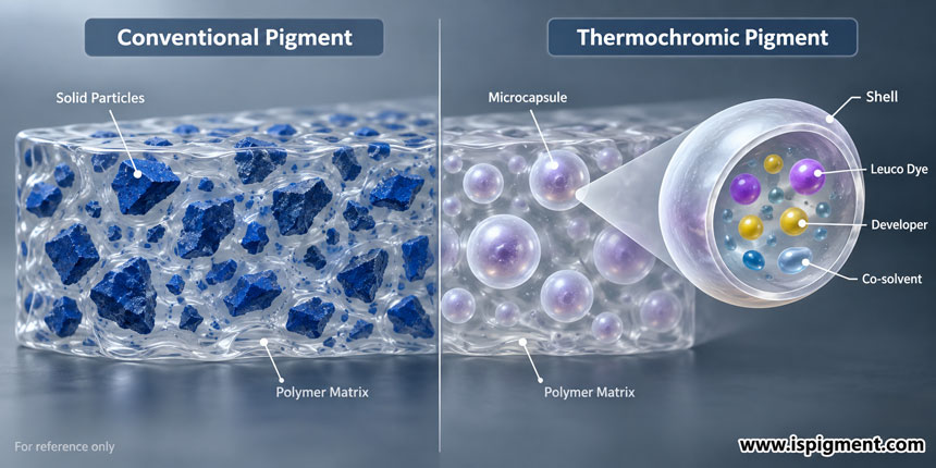 Thermochromic pigment vs conventional pigment microcapsule structure